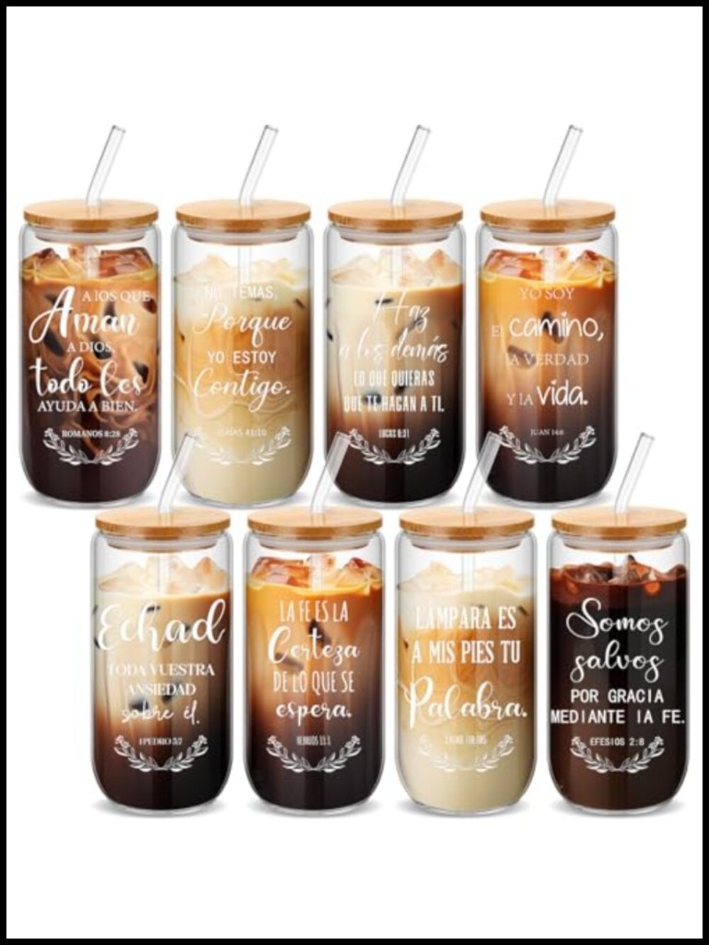 Set of 8 Spanish Christian Glass Cups Bamboo Lids Straws 16 oz Gift Set